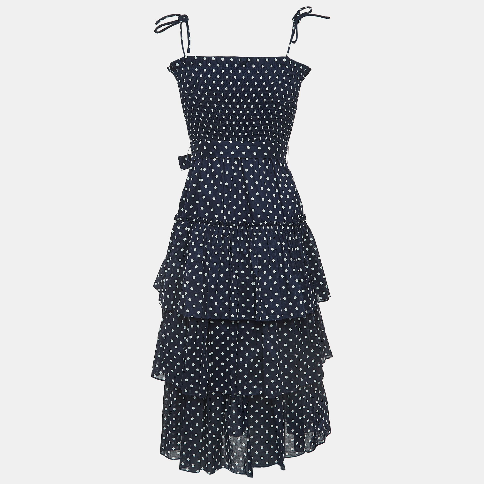 Tory Burch Navy Blue Polka-Dot Print Cotton Tiered Dress XS