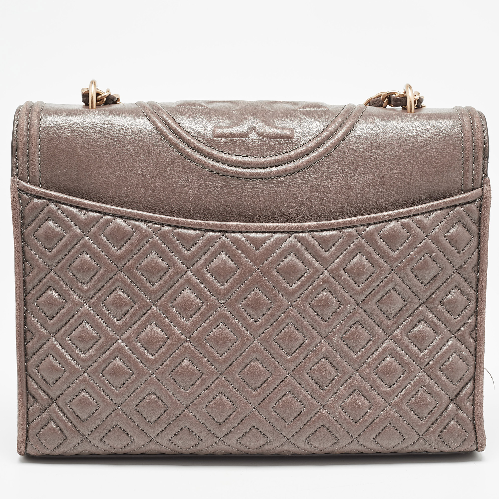 Tory Burch Grey Quilted Leather Fleming Shoulder Bag