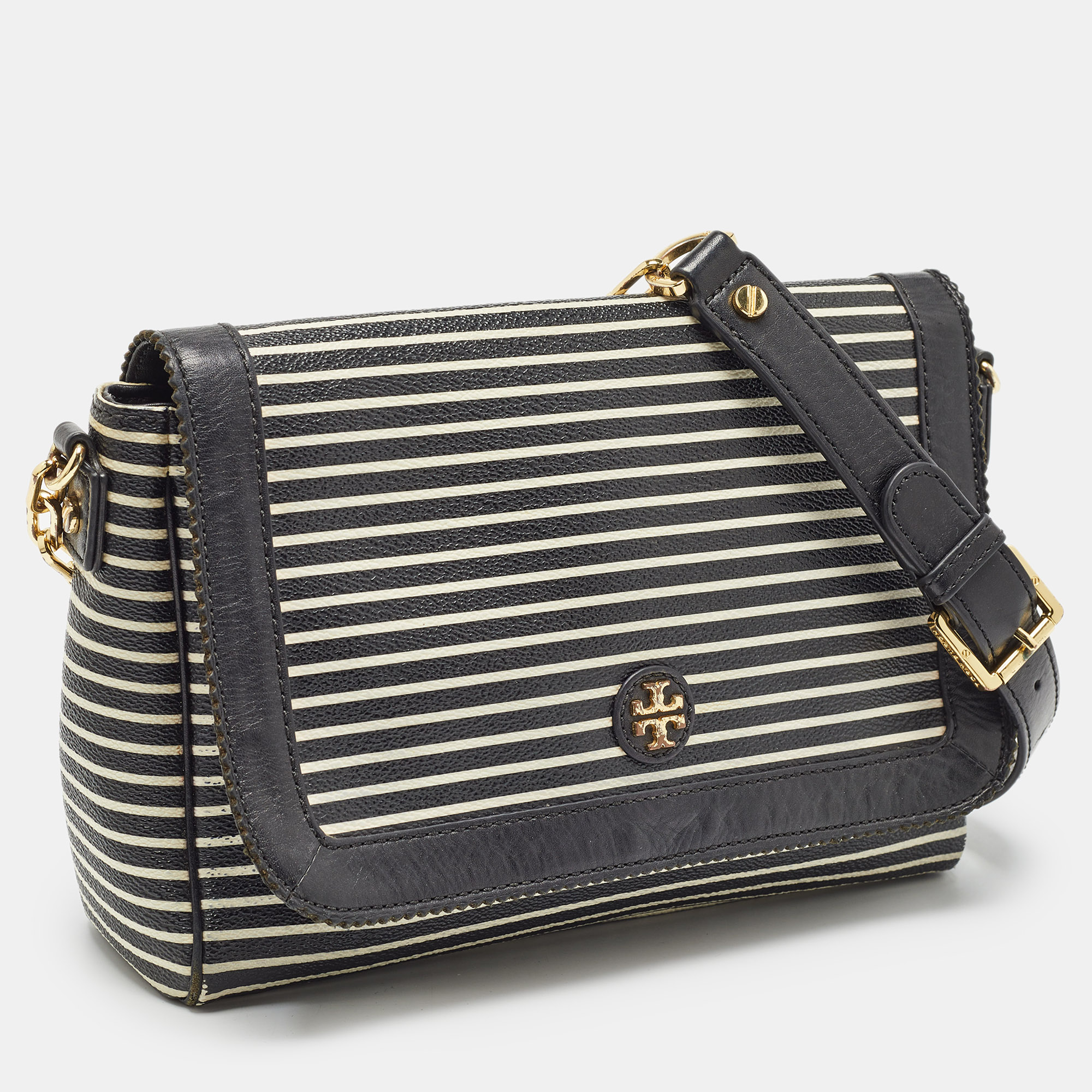 Tory Burch Black/White Stripe Leather Kerrington Crossbody Bag