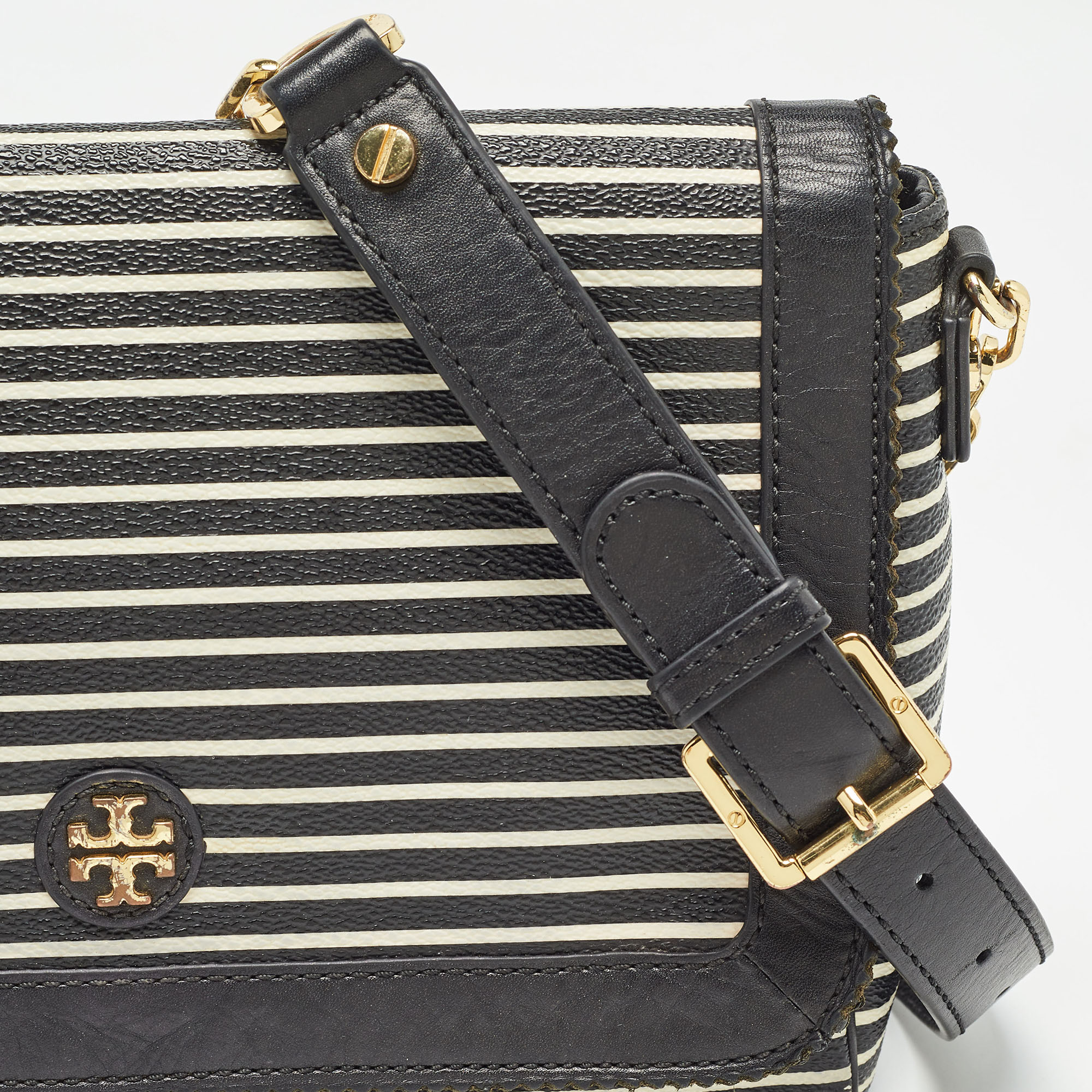 Tory Burch Black/White Stripe Leather Kerrington Crossbody Bag