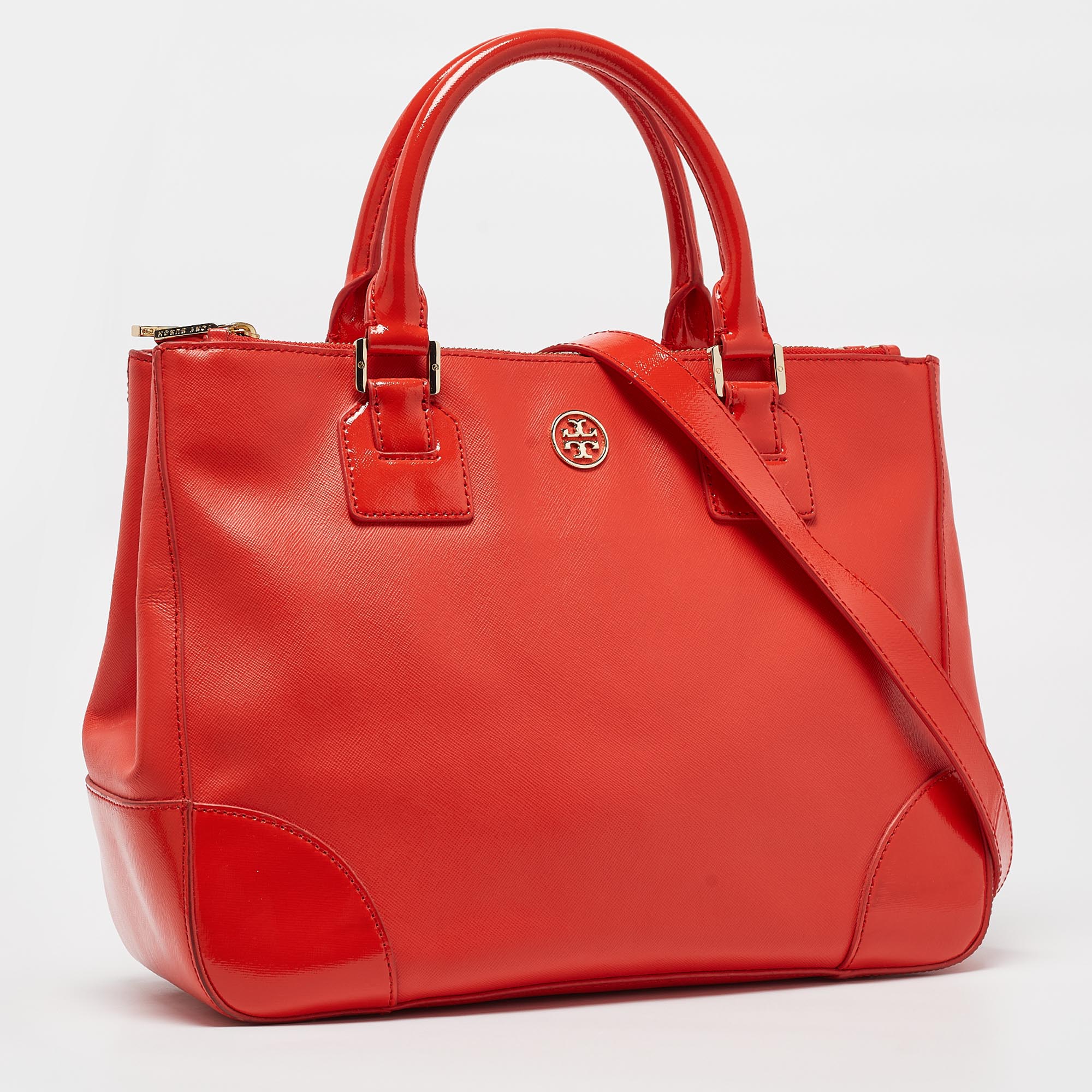 Tory Burch Orange Patent And Leather Large Robinson Double Zip Tote