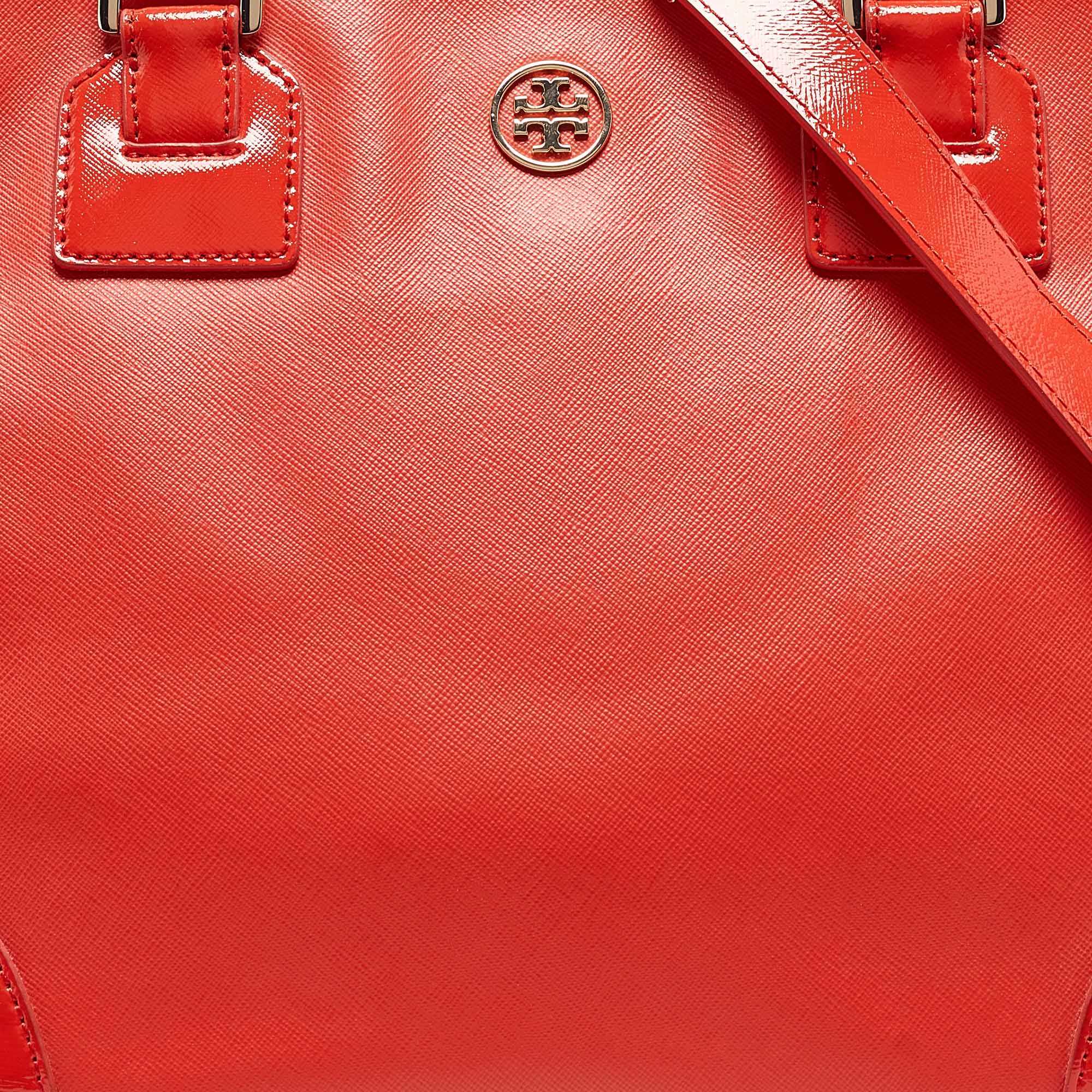 Tory Burch Orange Patent And Leather Large Robinson Double Zip Tote