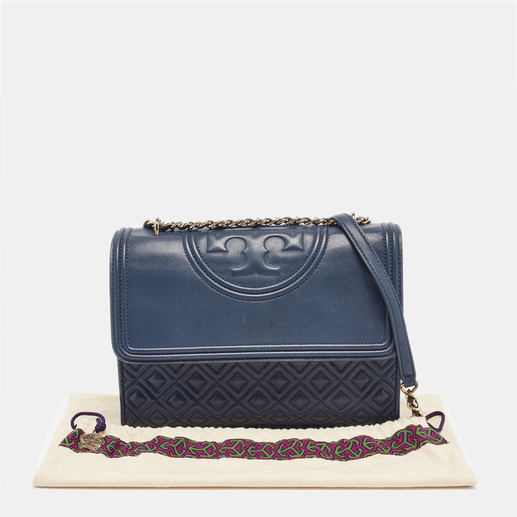 Tory Burch Navy Blue Quilted Leather Fleming Shoulder Bag