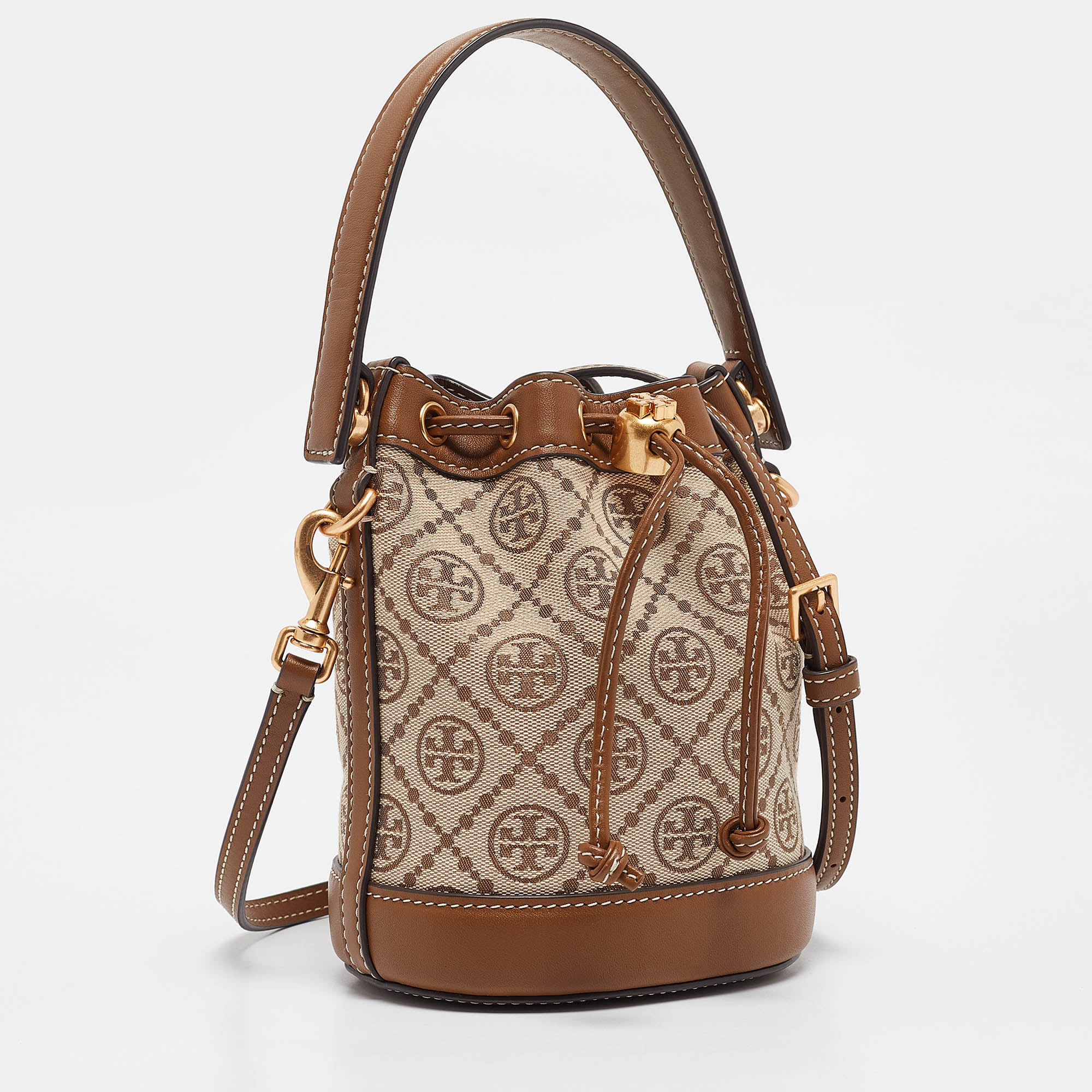 Tory Burch Brown/Beige Canvas And Leather Mini T Monogram Bucket Bag