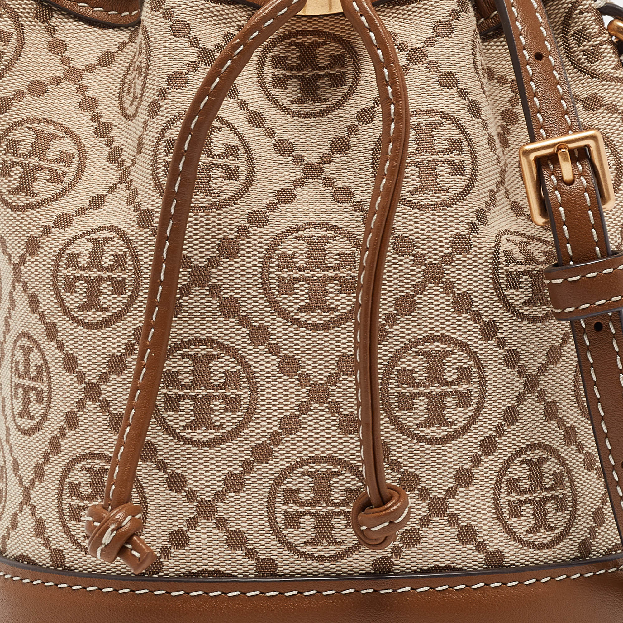 Tory Burch Brown/Beige Canvas And Leather Mini T Monogram Bucket Bag