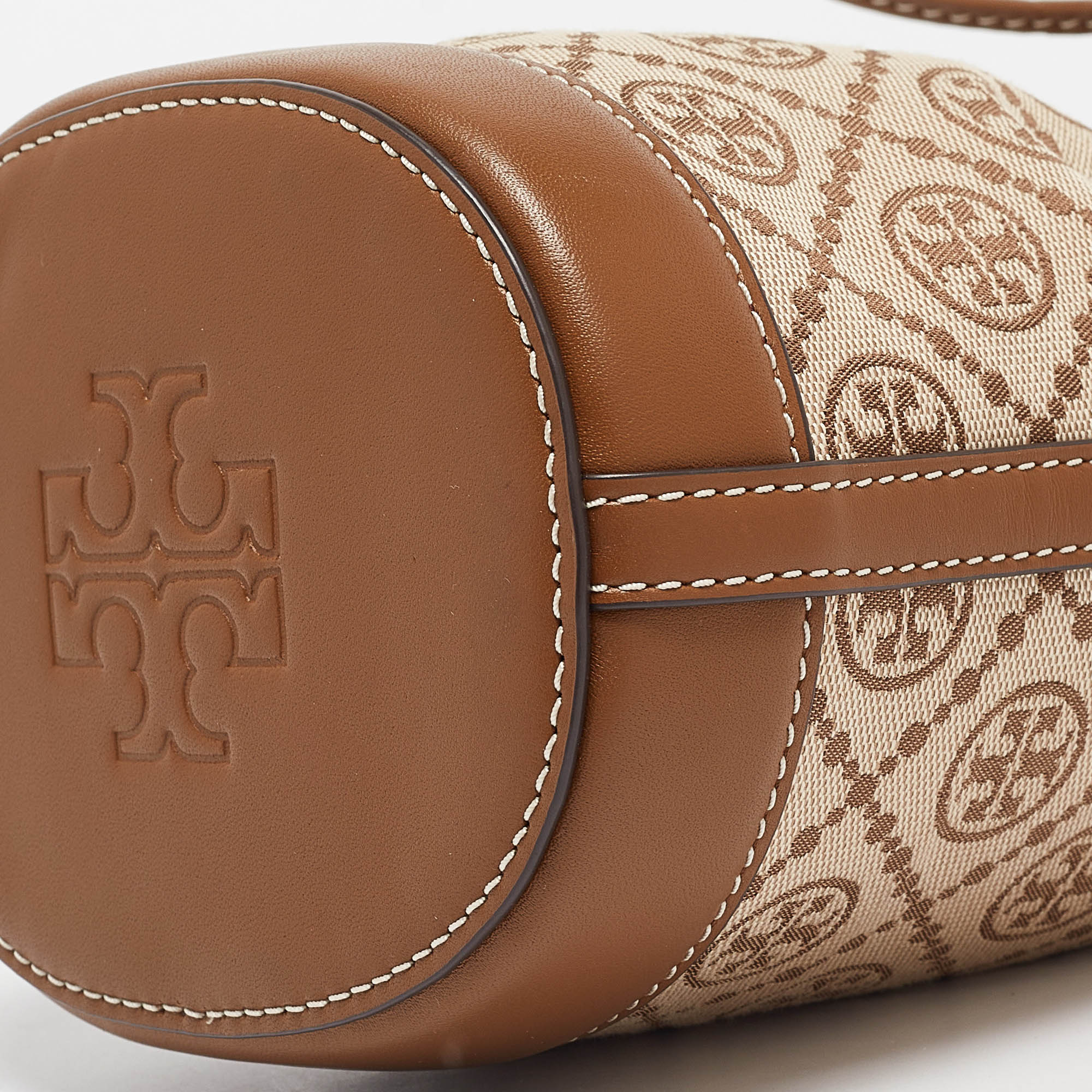 Tory Burch Brown/Beige Canvas And Leather Mini T Monogram Bucket Bag