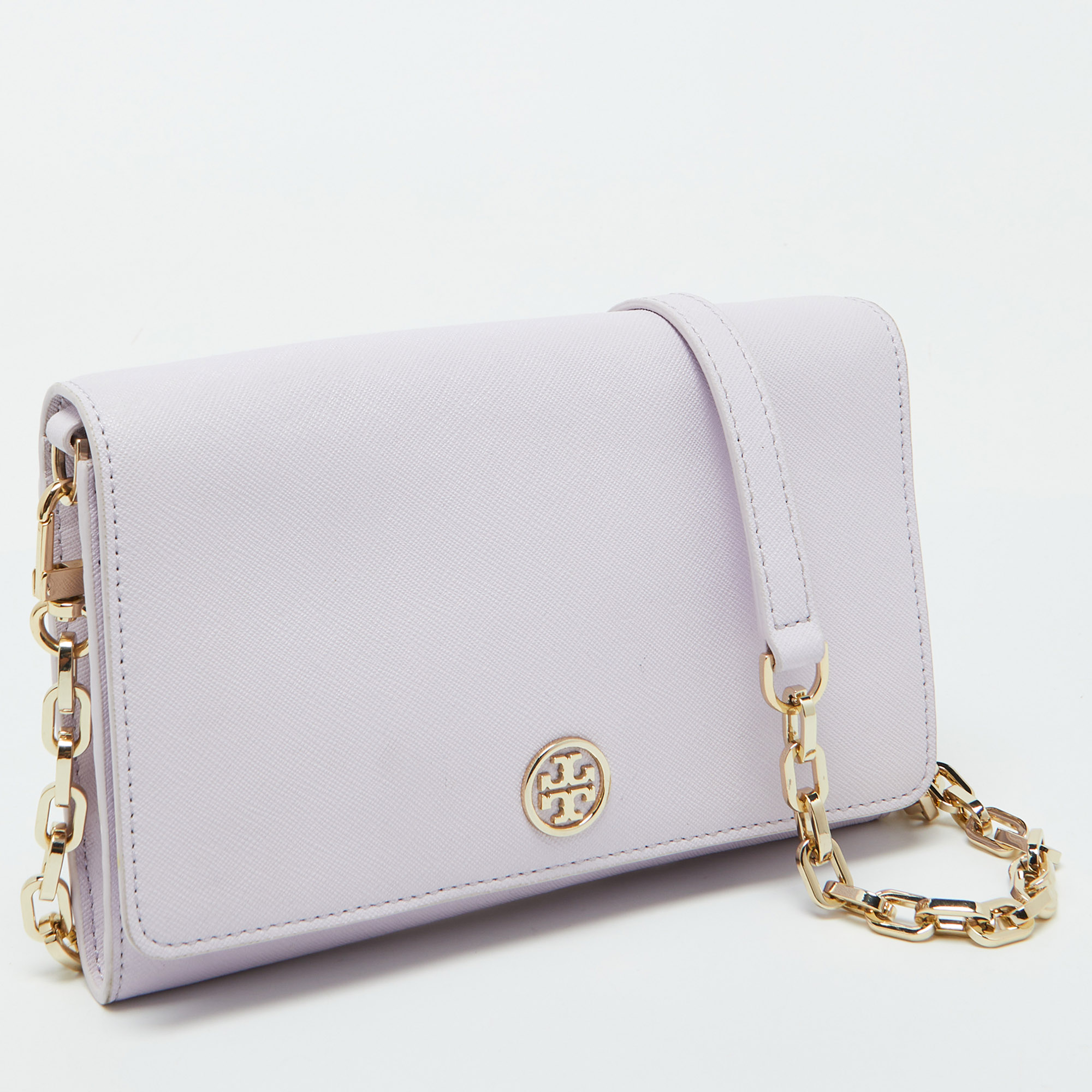 Tory Burch Light Lilac Saffiano Leather Robinson Wallet On Chain