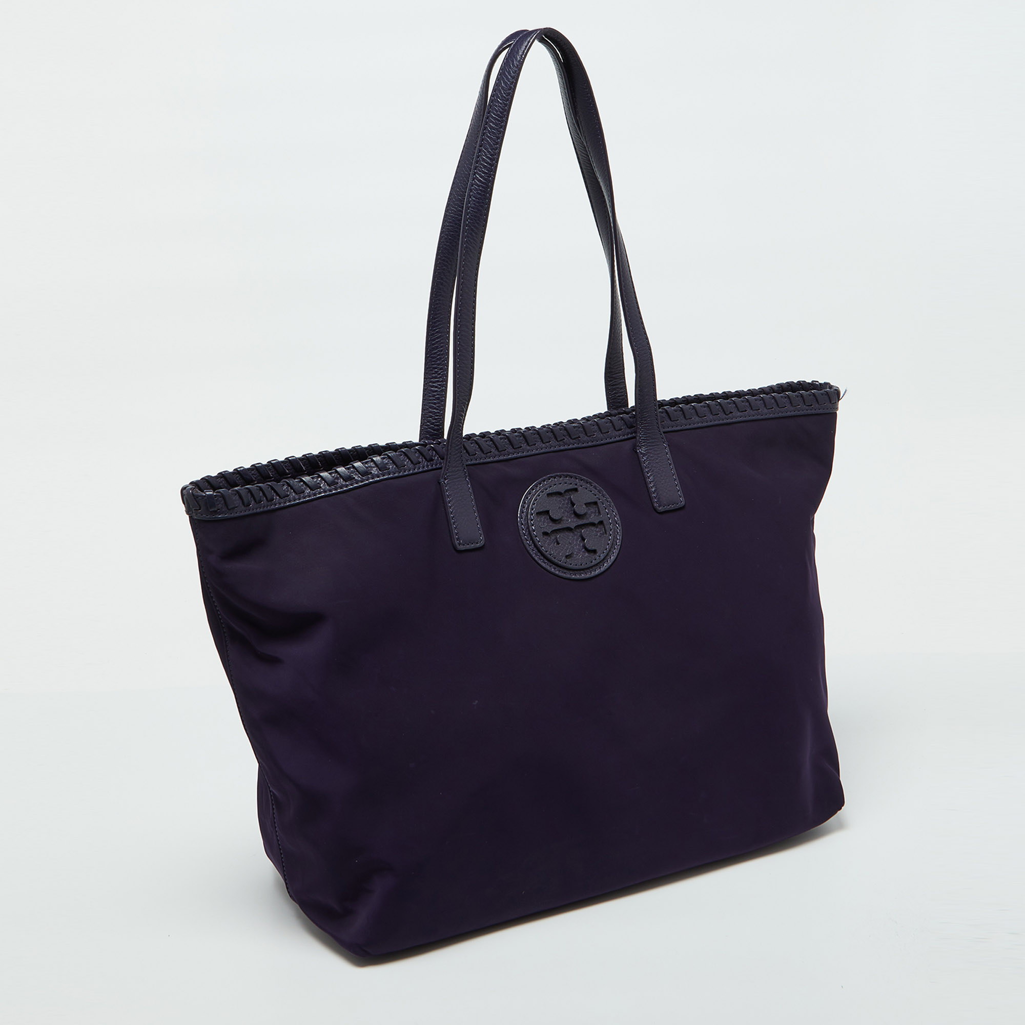 Tory Burch Purple Nylon And Leather Marion Logo Whipstitch Tote