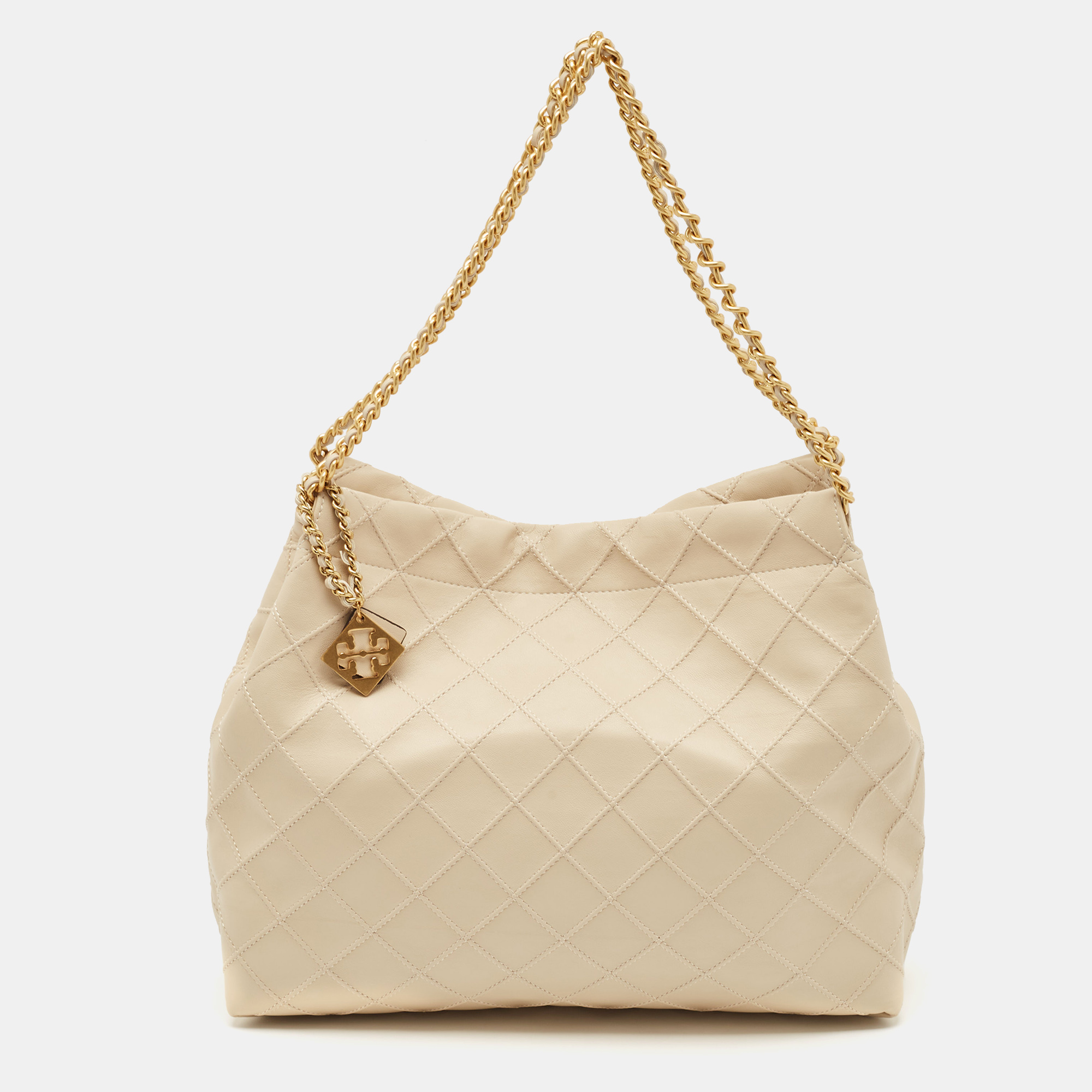 Tory Burch Beige Quilted Leather Soft Drawstring Fleming Tote