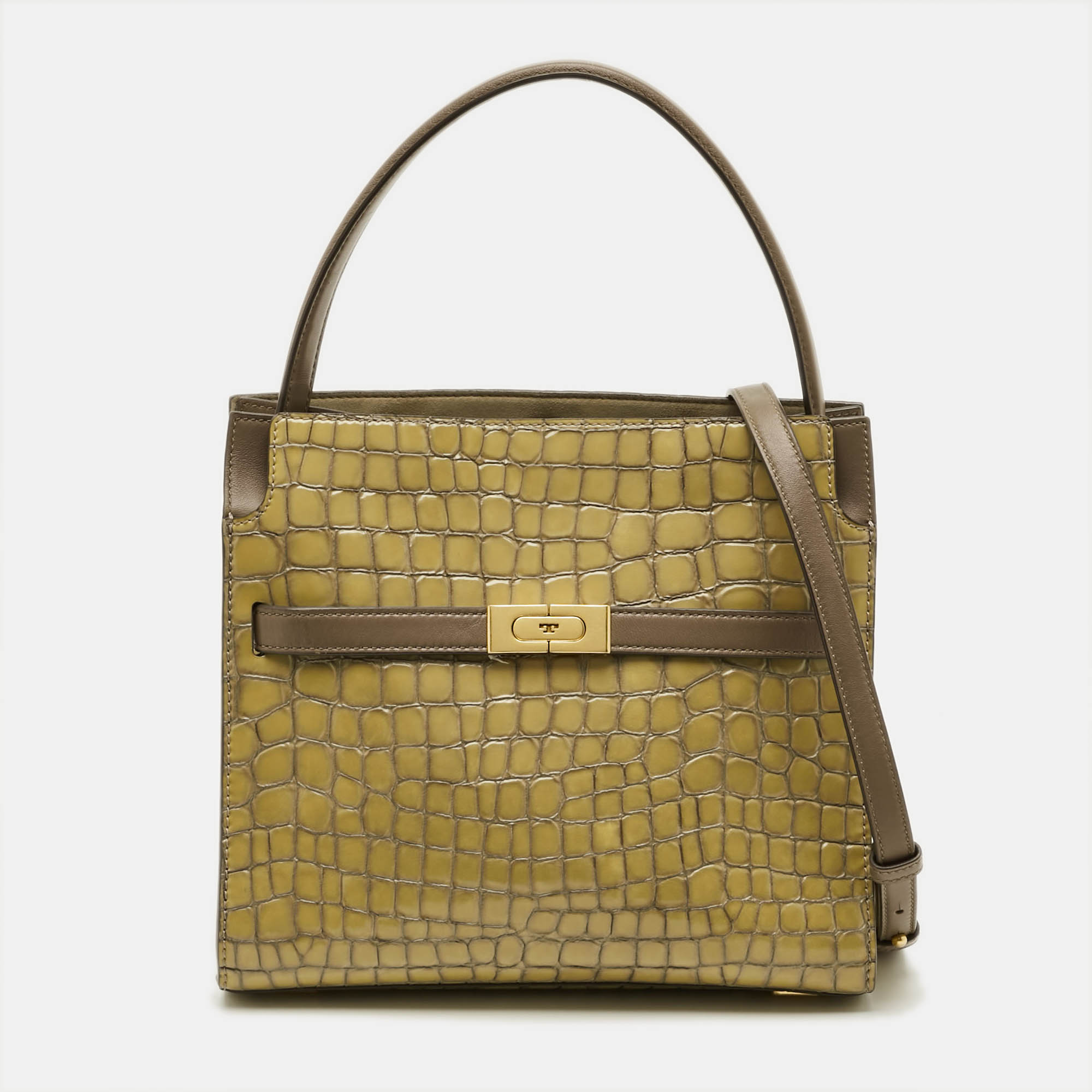 Tory Burch Lee Radziwill Olive Green/Beige Croc Embossed Patent Leather Double Top Handle Bag
Tory Burch Lee Radziwill Olive Green/Beige Croc Embossed Patent Leather Double Top Handle Bag