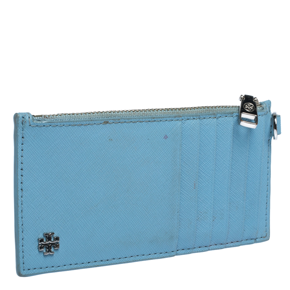 Tory Burch Light Blue Leather Top Zip Slim Card Holder