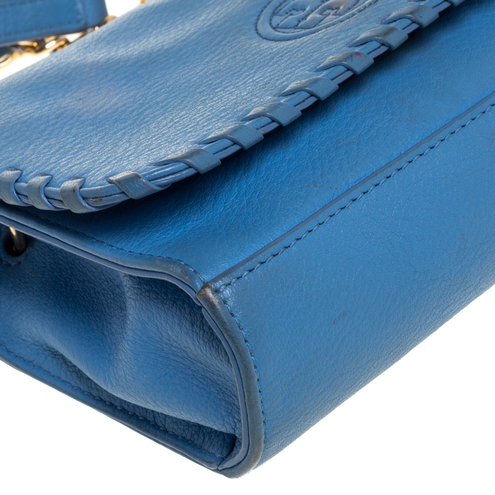 Tory Burch Blue Leather Mini Marion Shrunken Shoulder Bag
