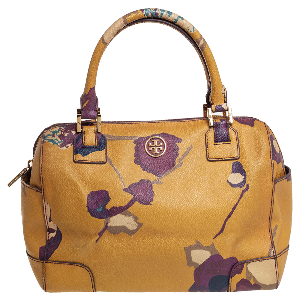 Tory Burch Yellow Floral Print Leather Robinson Middy Satchel