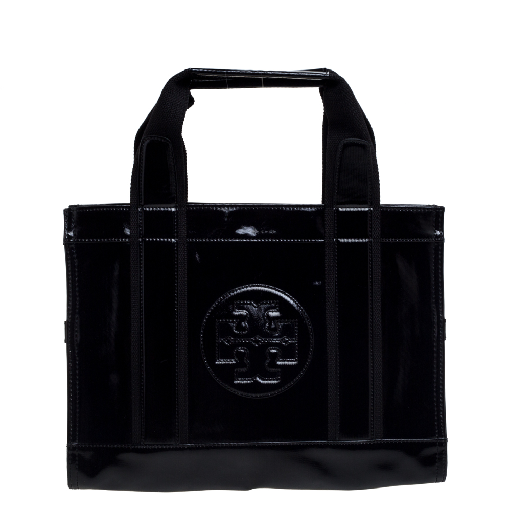 Tory Burch Black Patent Leather and Canvas Mini Tory Tote