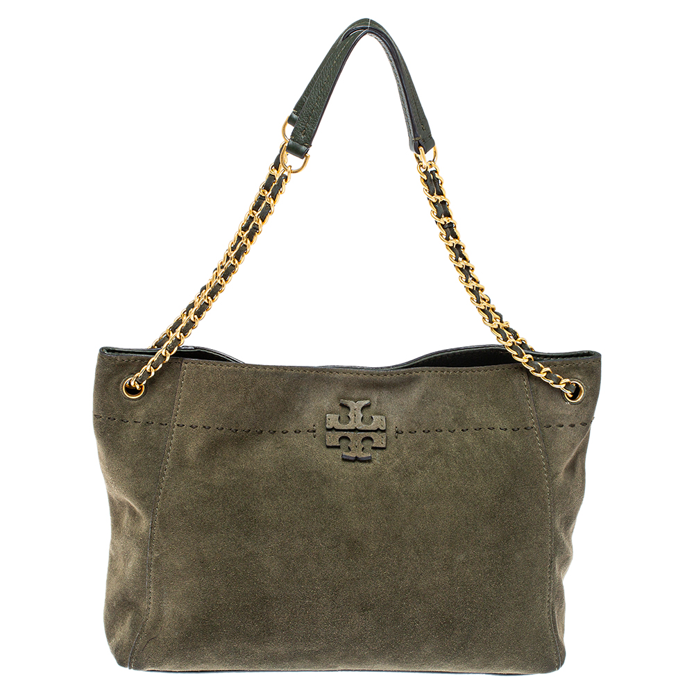 Tory Burch Olive Green Suede and Leather Mcgraw Tote