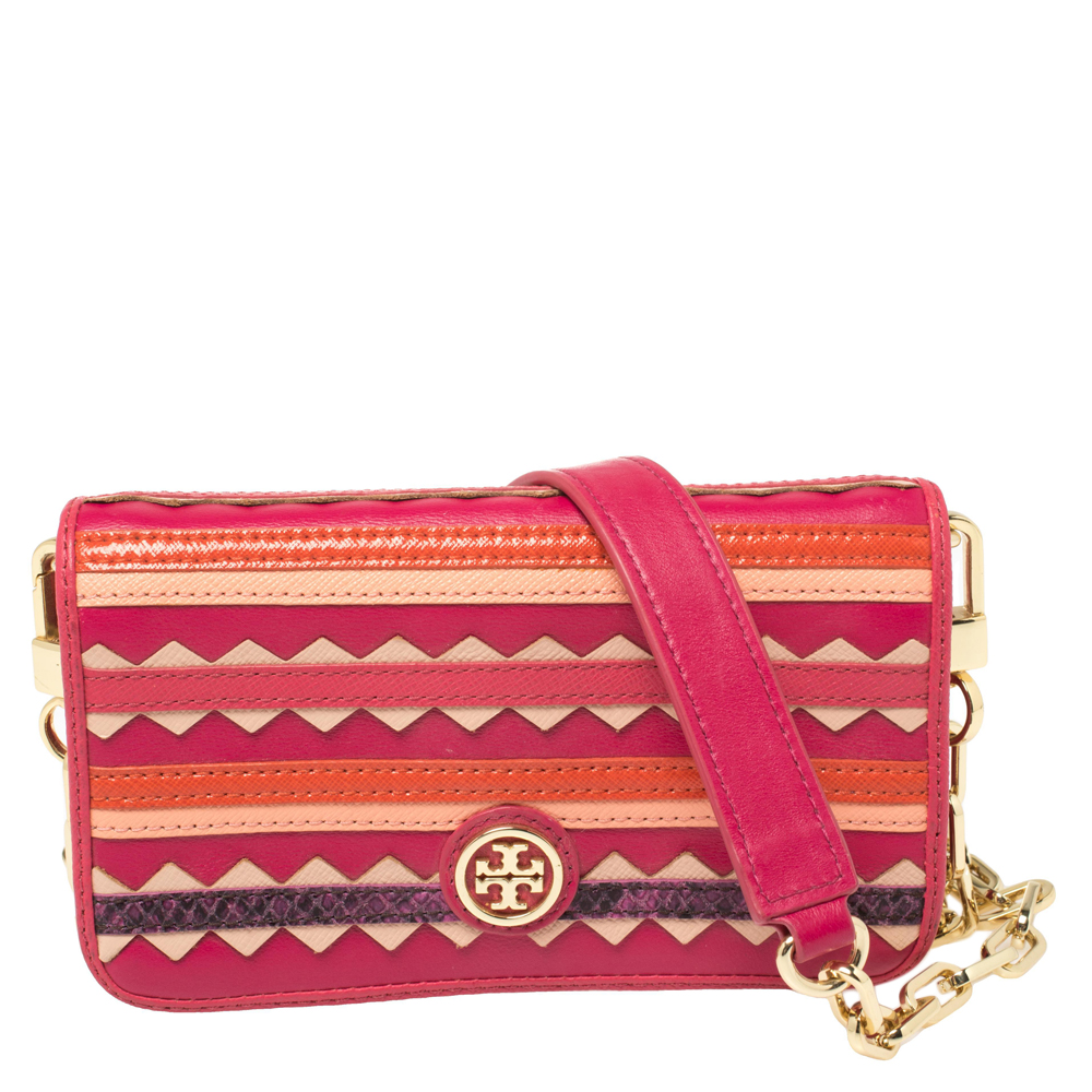 Tory Burch Pink Leather Colorblock Flap Chain Clutch