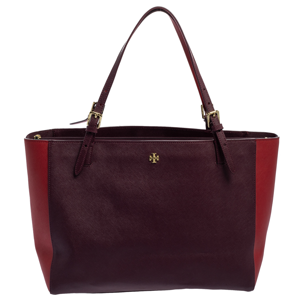 Tory Burch Burgundy/Red Saffiano Leather Emerson Buckle Tote