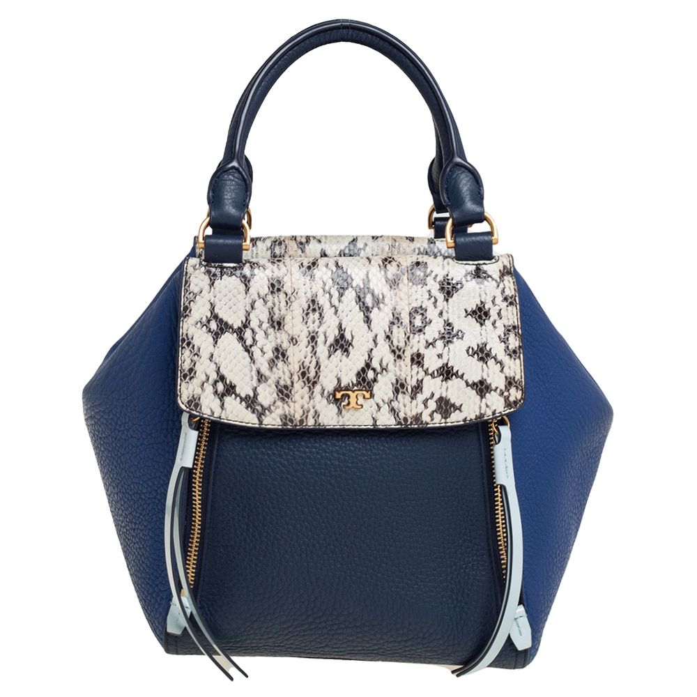 Tory Burch Two Tone Blue Leather and Python Half Moon Satchel