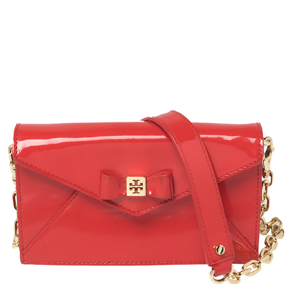 Tory Burch Red Patent Leather Bow Wallet On Chain