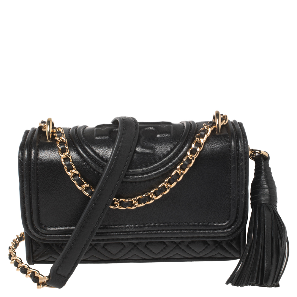 Tory Burch Black Quilted Leather Micro Fleming Crossbody Bag