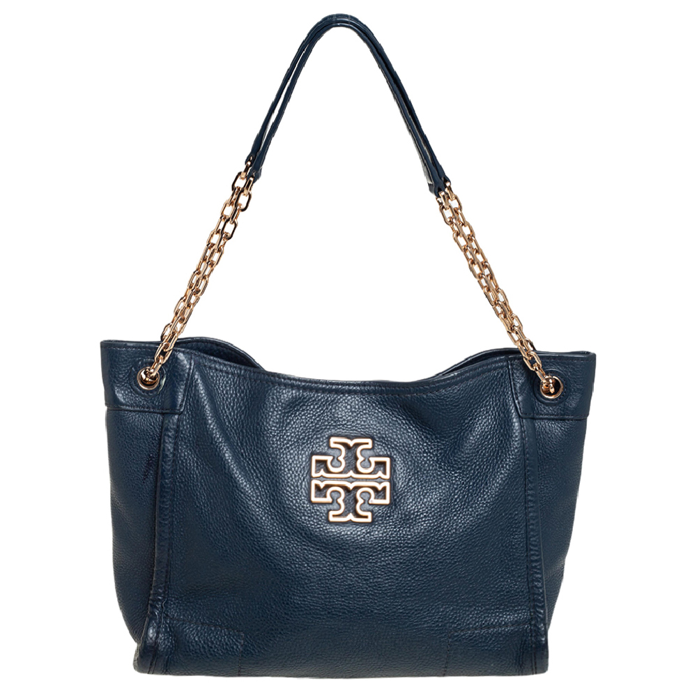 Tory Burch Blue Leather Small Britten Slouchy Tote