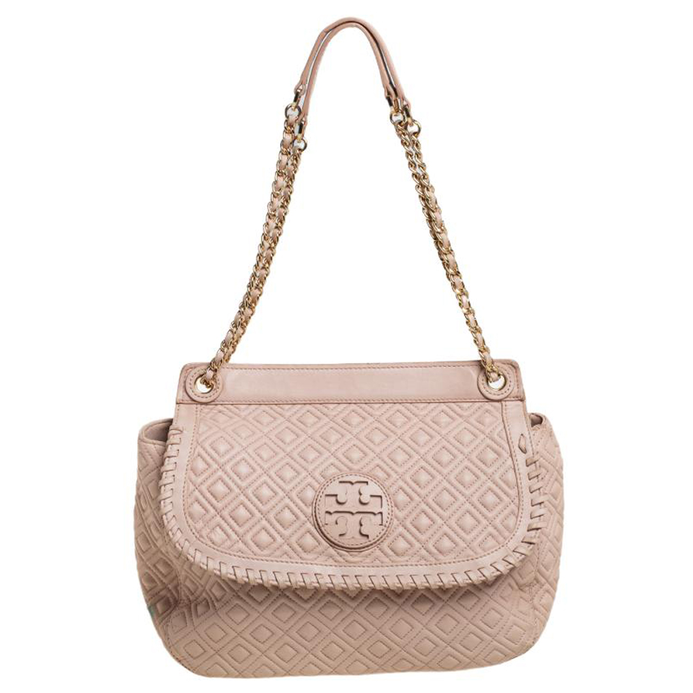 Tory Burch Beige Quilted  Leather Marion Shoulder Bag