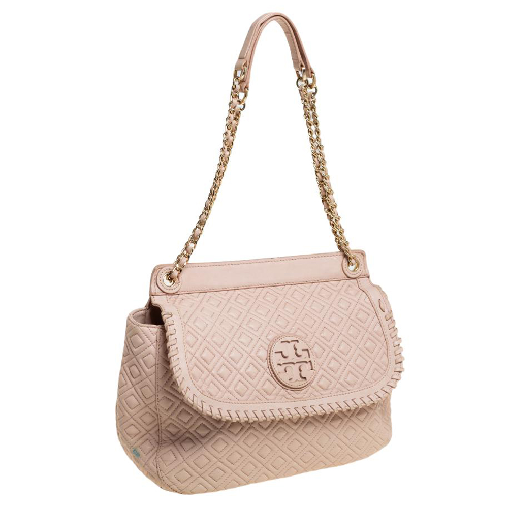 Tory Burch Beige Quilted  Leather Marion Shoulder Bag