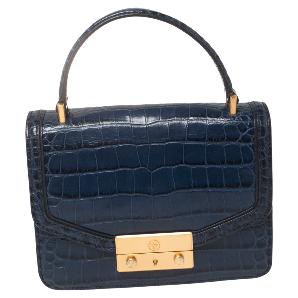 Tory Burch Blue Crocodile Embossed Leather Mini Juliette Top Handle Bag
