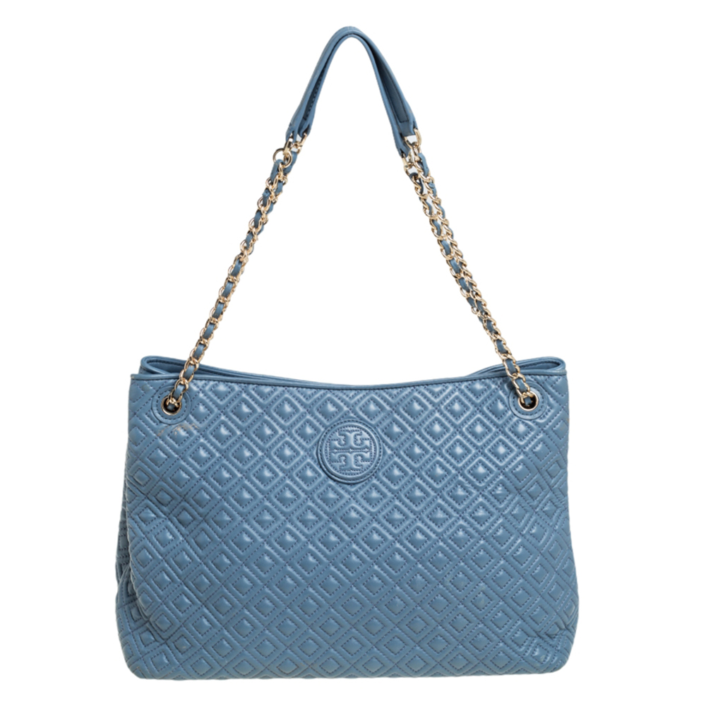 Tory Burch Blue Quilted Leather Marion Chain Tote