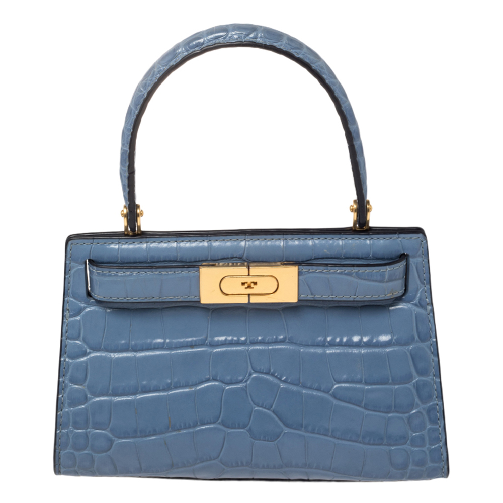 Tory Burch Blue Croc Embossed Leather Petite Lee Radziwill Top Handle Bag