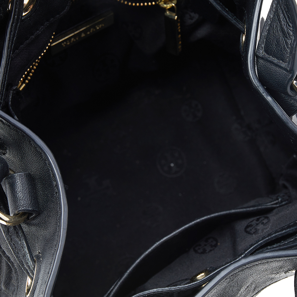 Tory Burch Black Leather Drawstring Bucket Bag