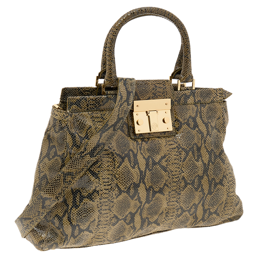 Tory Burch Olive Green/Black Python Embossed Leather Satchel