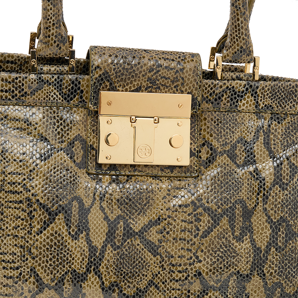 Tory Burch Olive Green/Black Python Embossed Leather Satchel