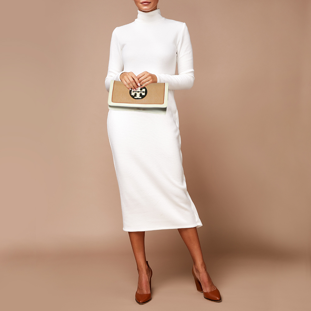 

Tory Burch Beige/Off White Raffia And Patent Leather Reva Foldover Clutch