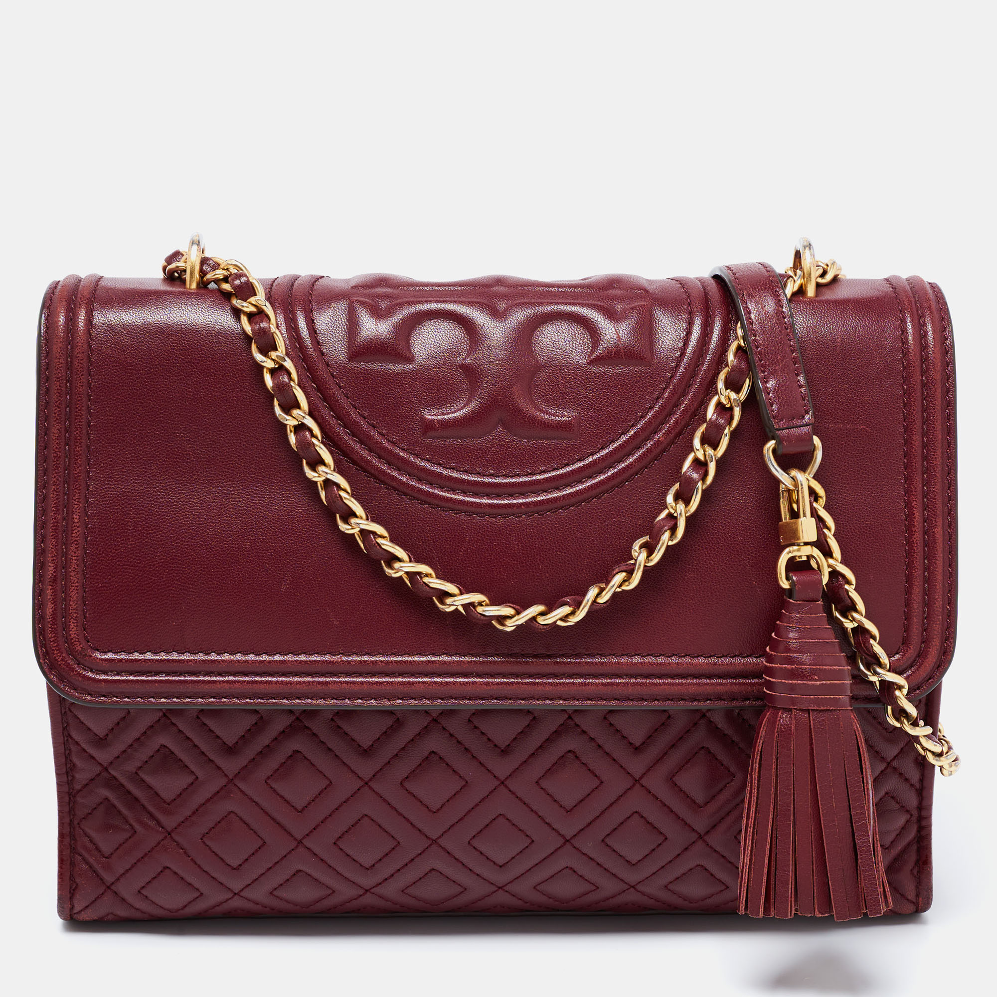 Tory Burch Burgundy Quilted Leather Large Fleming Shoulder Bag