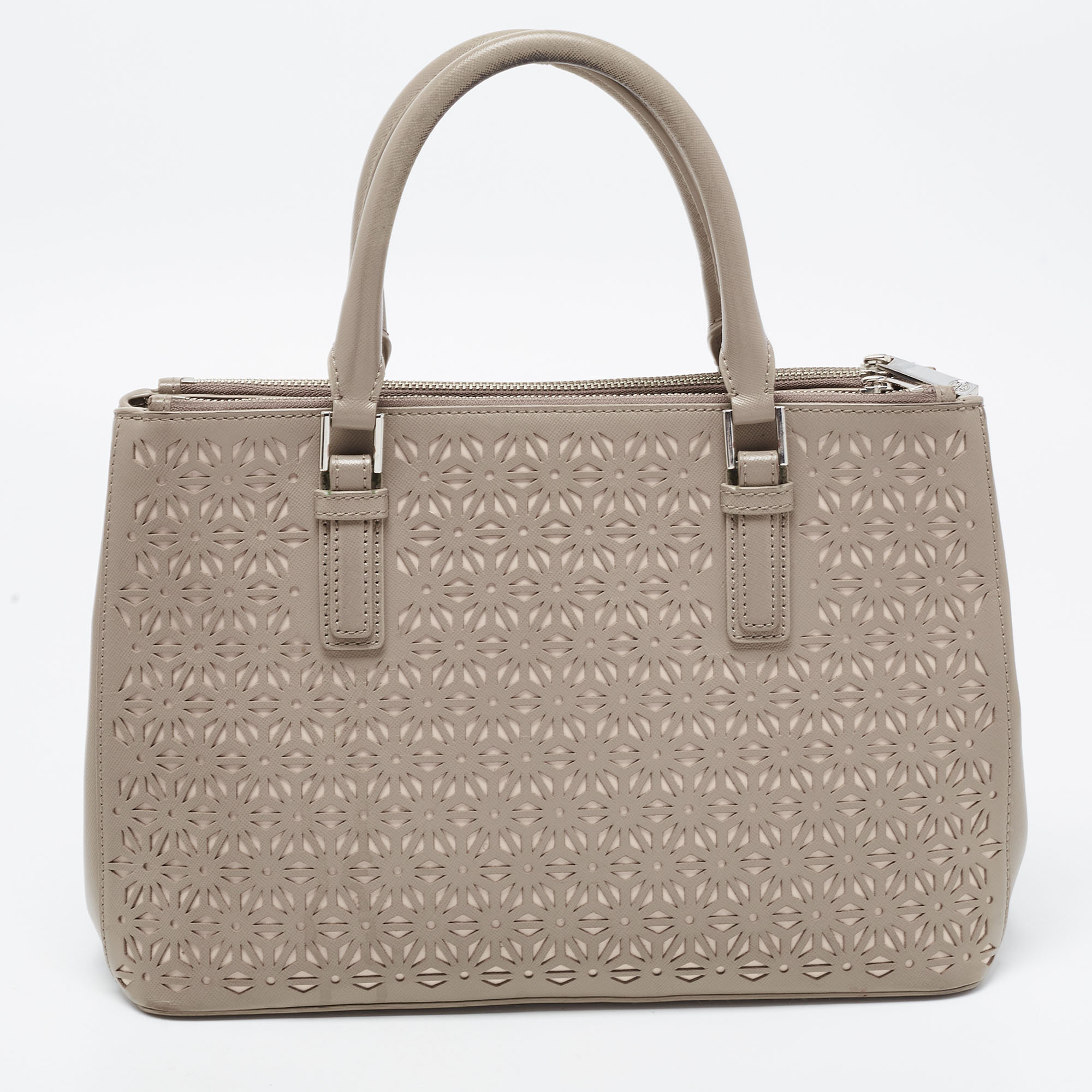 Tory Burch Grey Floral Laser Cut Leather Double Zip Robinson Tote