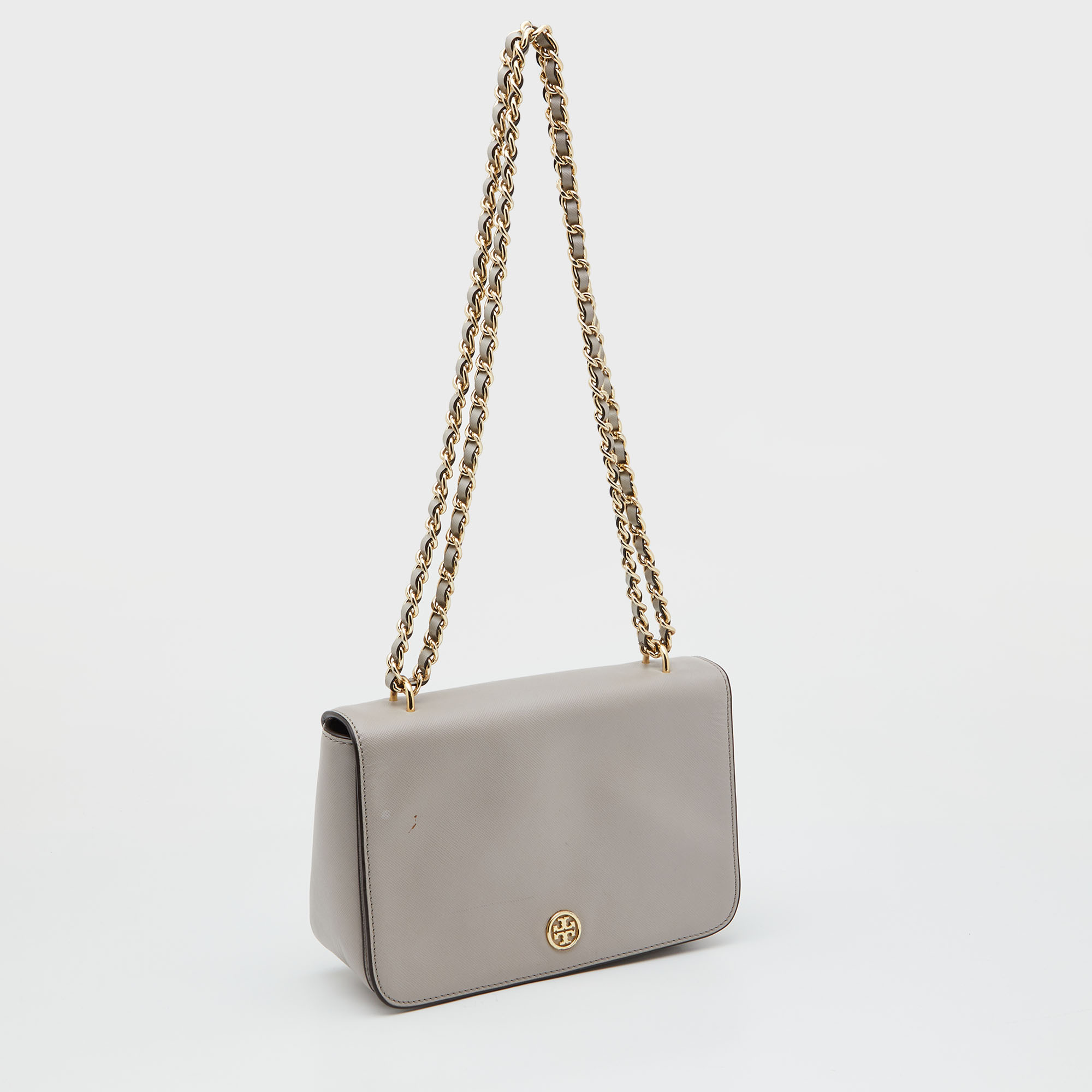 Tory Burch Taupe Leather Robinson Flap Shoulder Bag