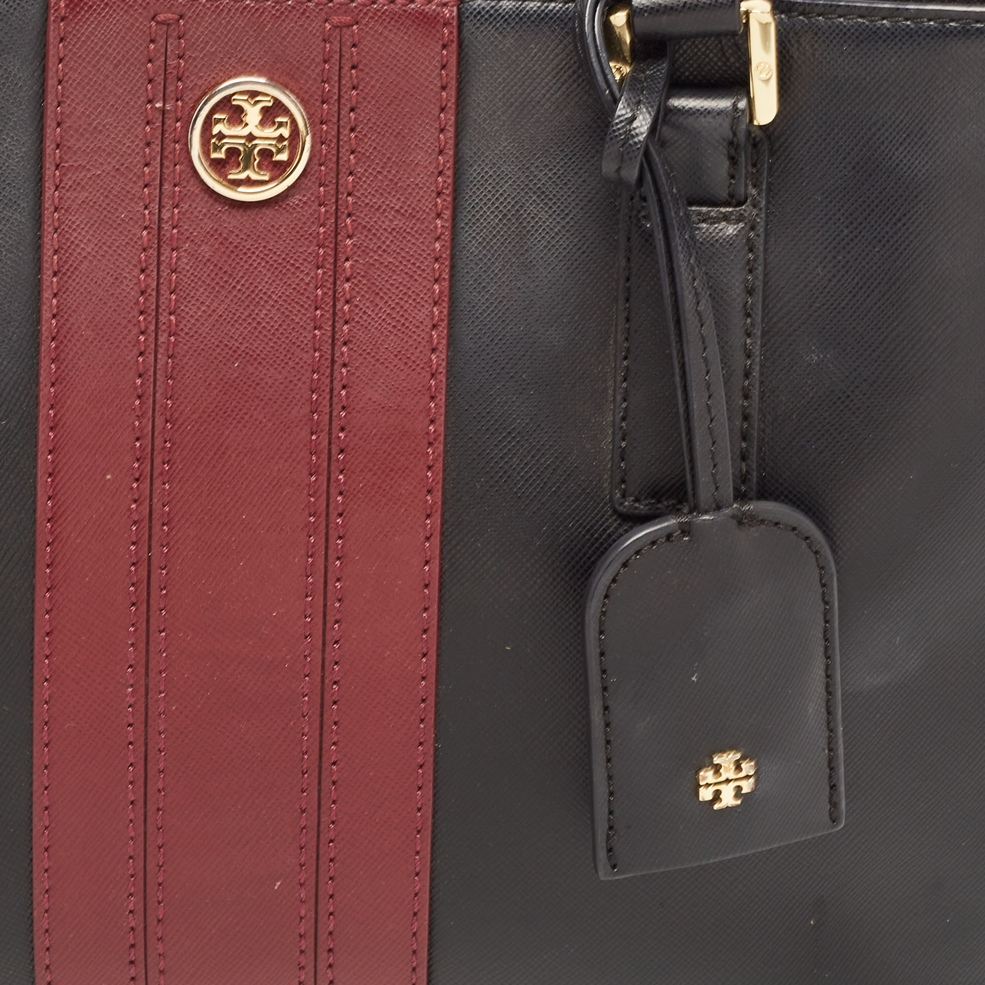 Tory Burch Black/Burgundy Saffiano Leather Robinson Double Zip Tote