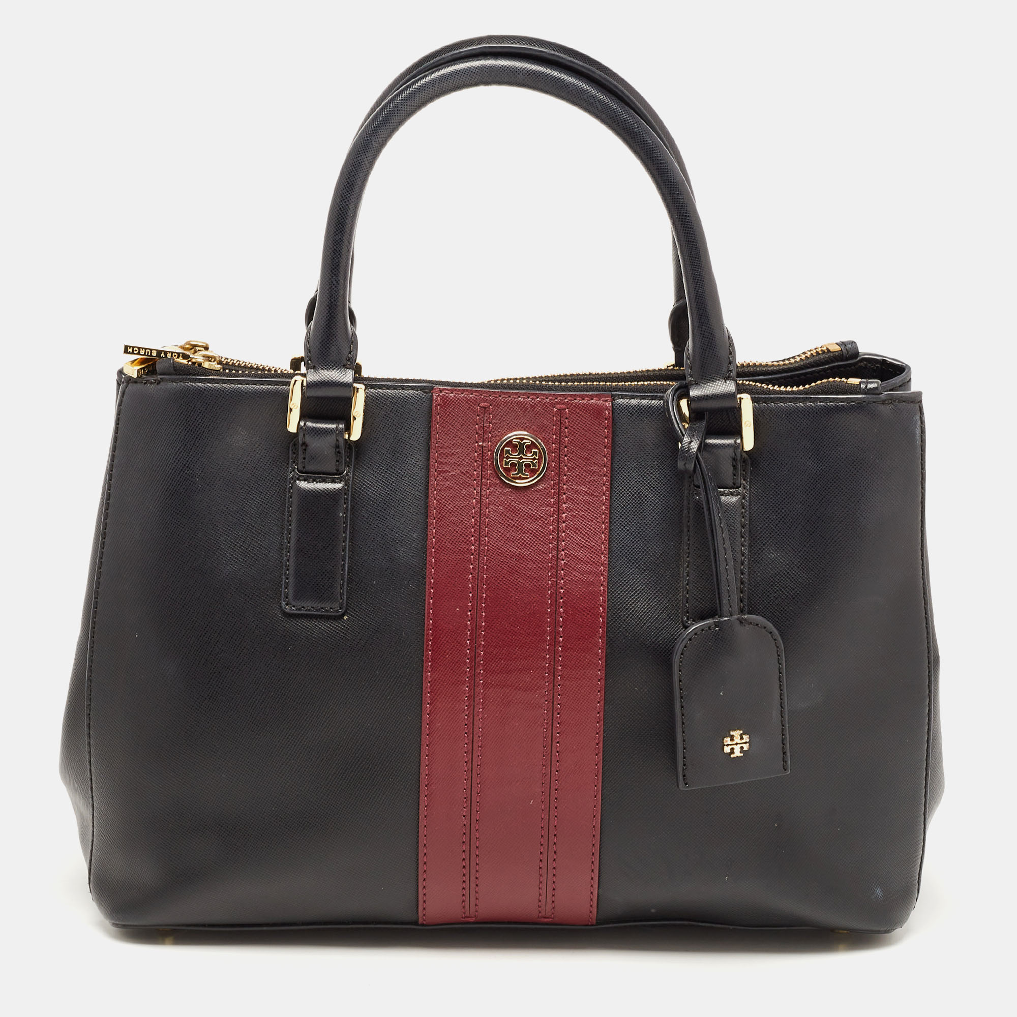Tory Burch Black/Burgundy Saffiano Leather Robinson Double Zip Tote