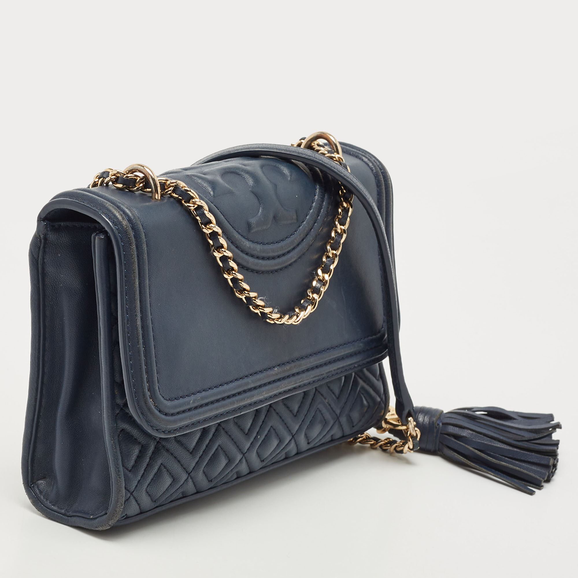 Tory Burch Navy Blue Leather Small Fleming Shoulder Bag