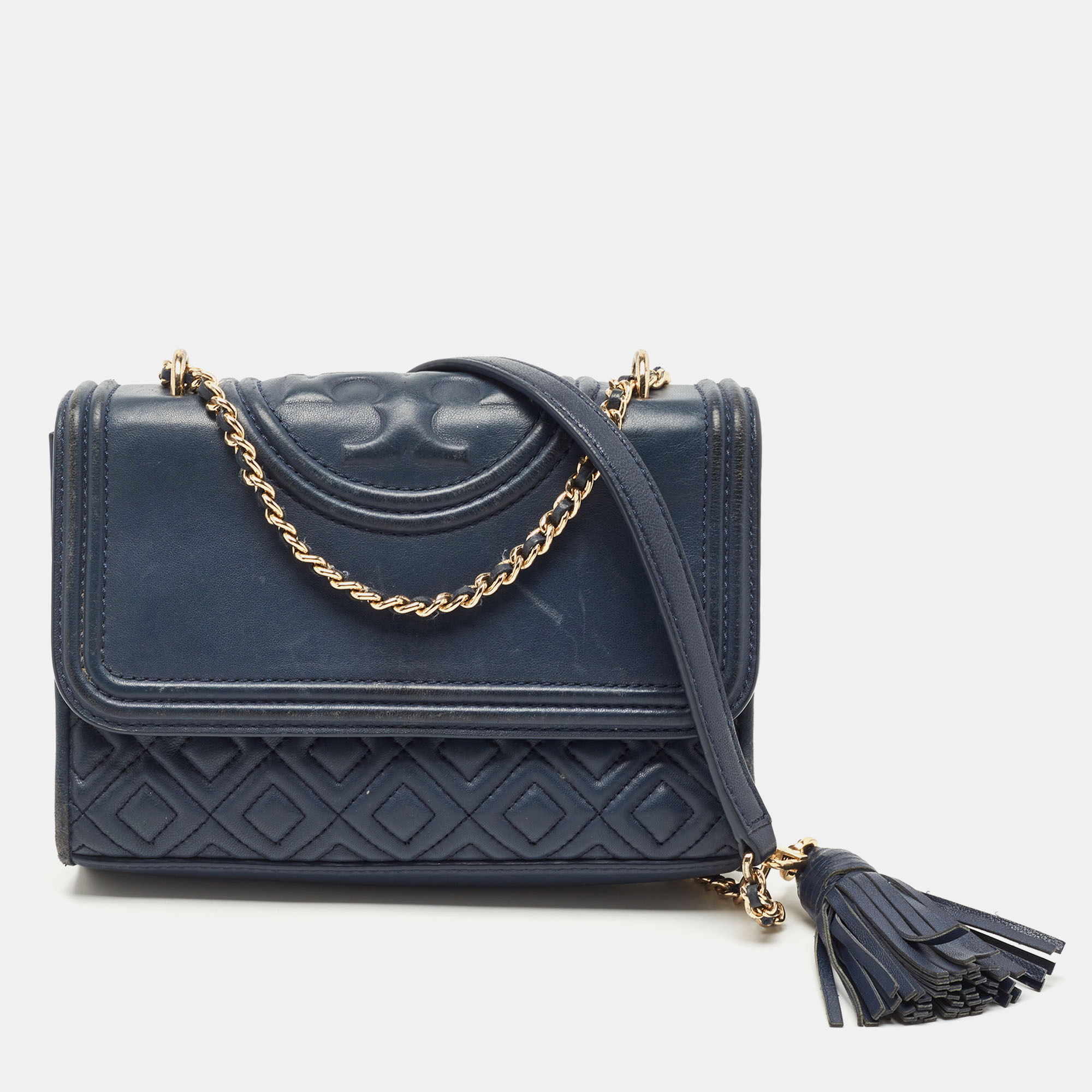 Tory Burch Navy Blue Leather Small Fleming Shoulder Bag