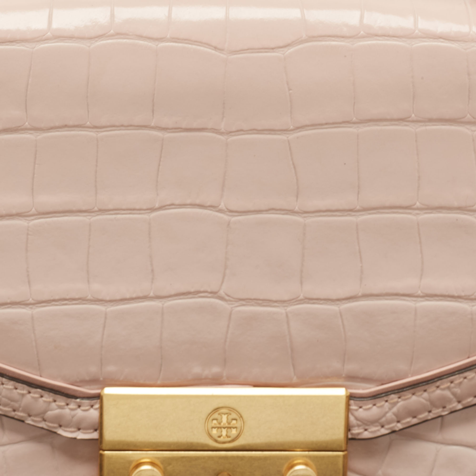 Tory Burch Pink Croc Embossed Leather Mini Juliette Top Handle Bag