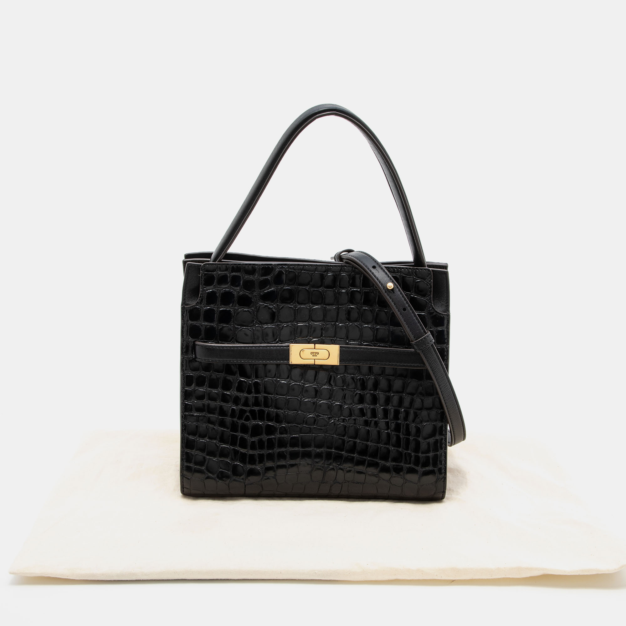 Tory Burch Black Croc Embossed Leather And Suede Small Lee Radziwill Double Bag