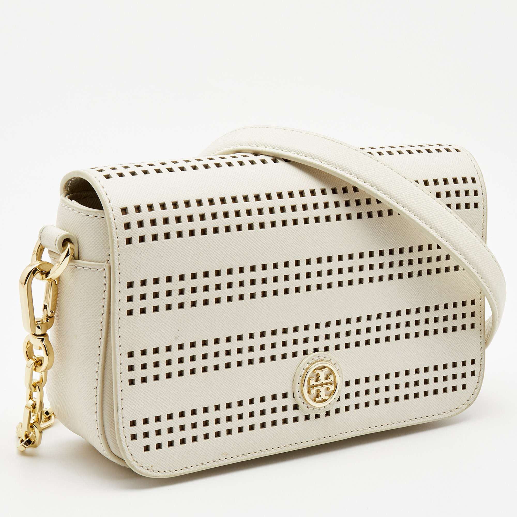 Tory Burch Off White Perforated Leather Robinson Flap Crossbody Bag