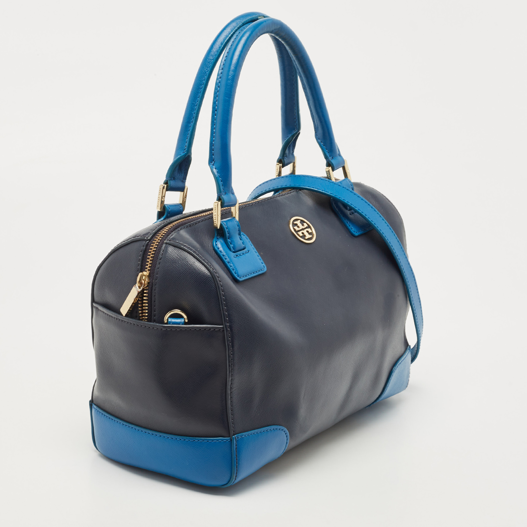 Tory Burch Two Tone Blue Leather Robinson Middy Satchel