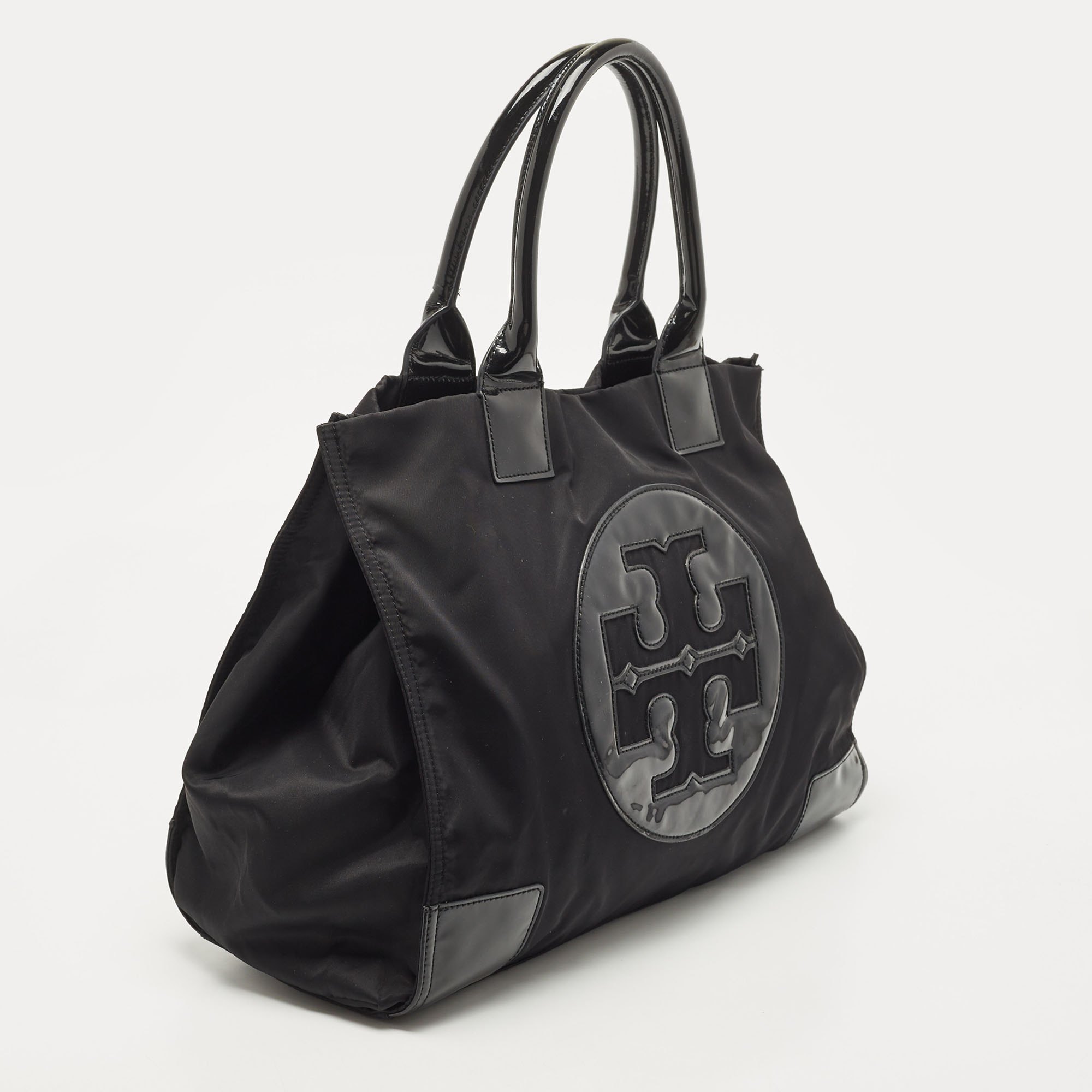 Tory Burch Black Patent Leather And Nylon Large Ella Tote