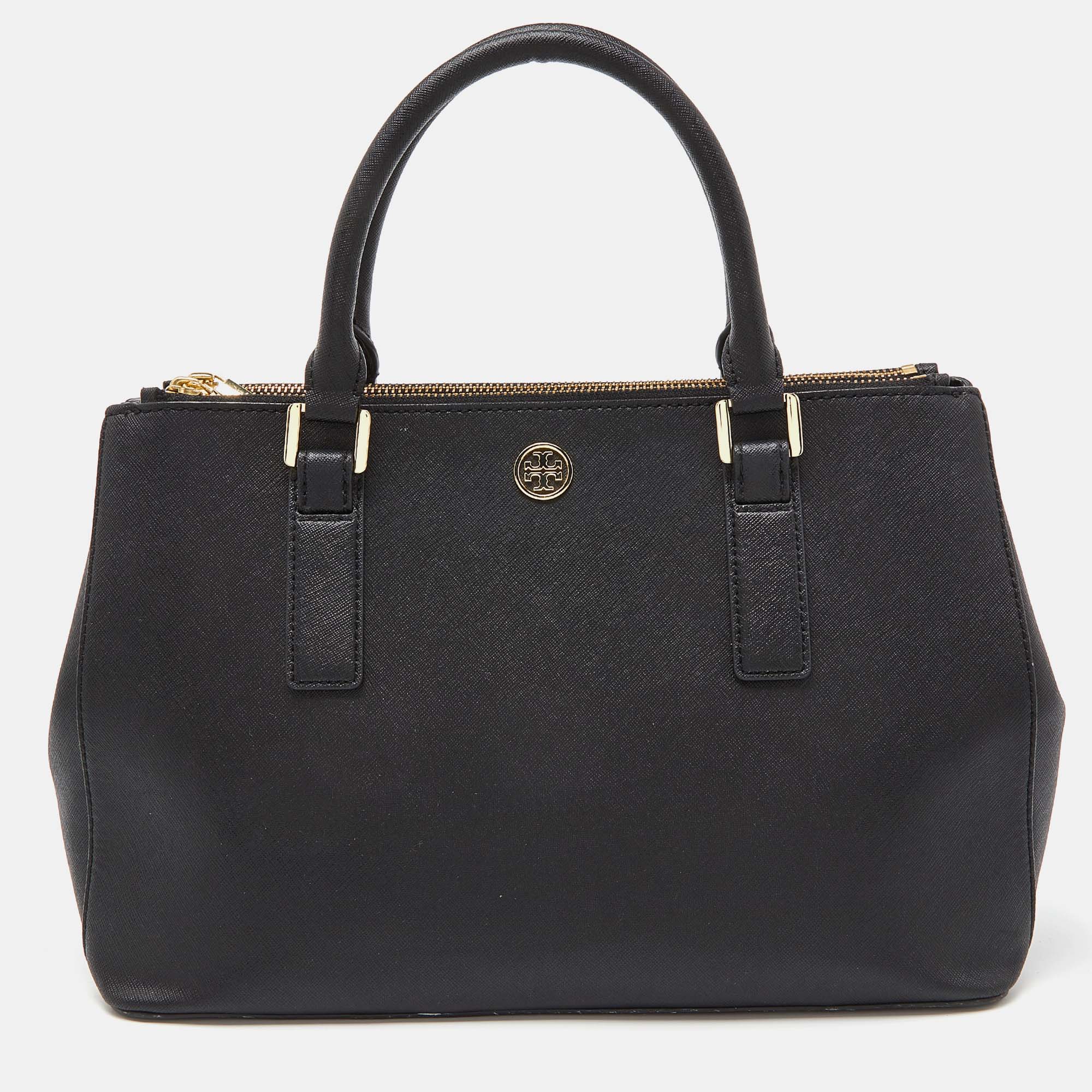 Tory Burch Black Leather Double Zip Robinson Tote