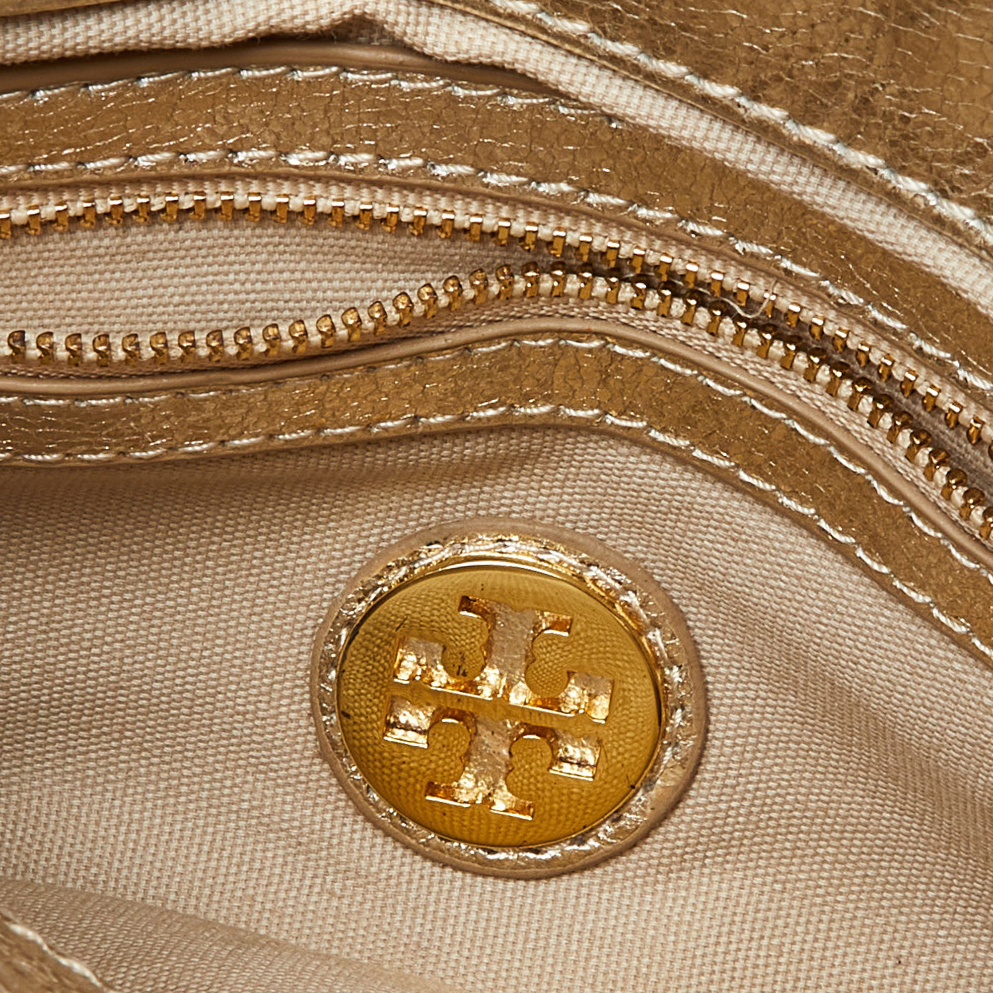 Tory Burch Gold Laminated Leather Reva Logo Crossbody Bag