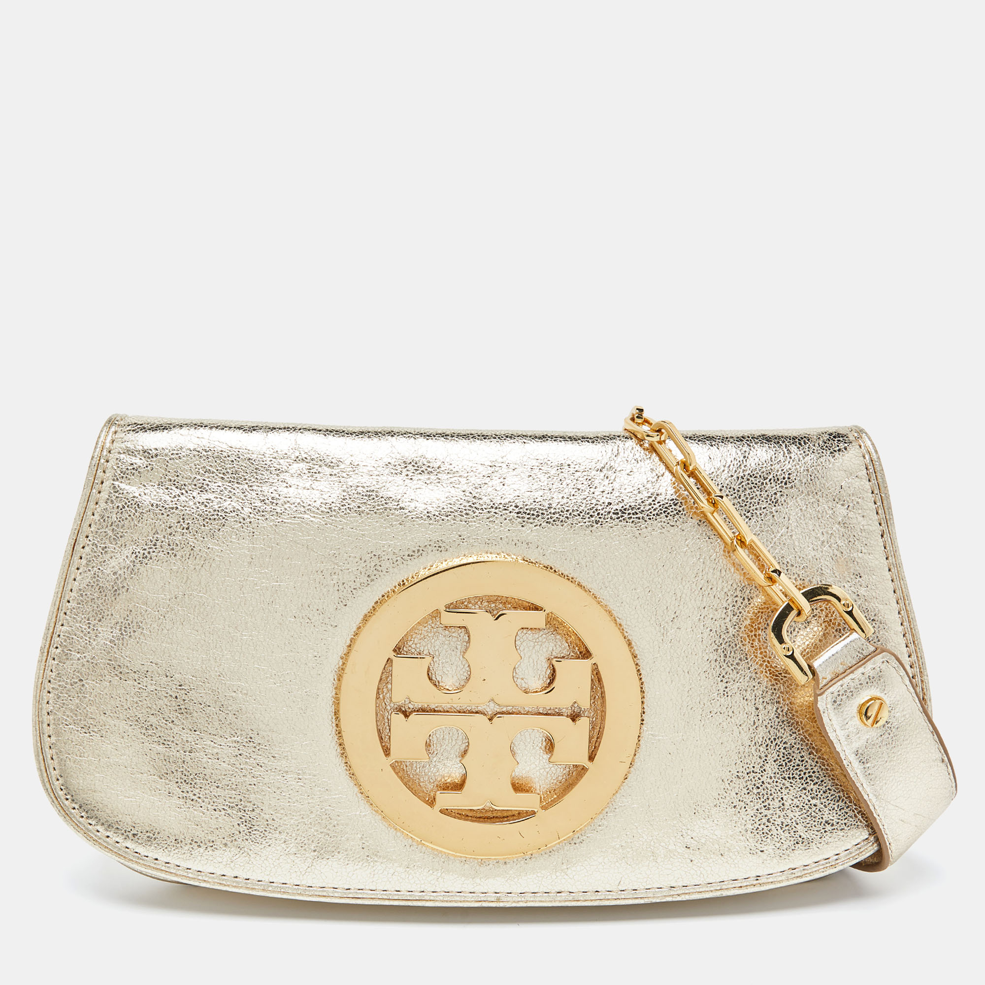 Tory Burch Gold Laminated Leather Reva Logo Crossbody Bag