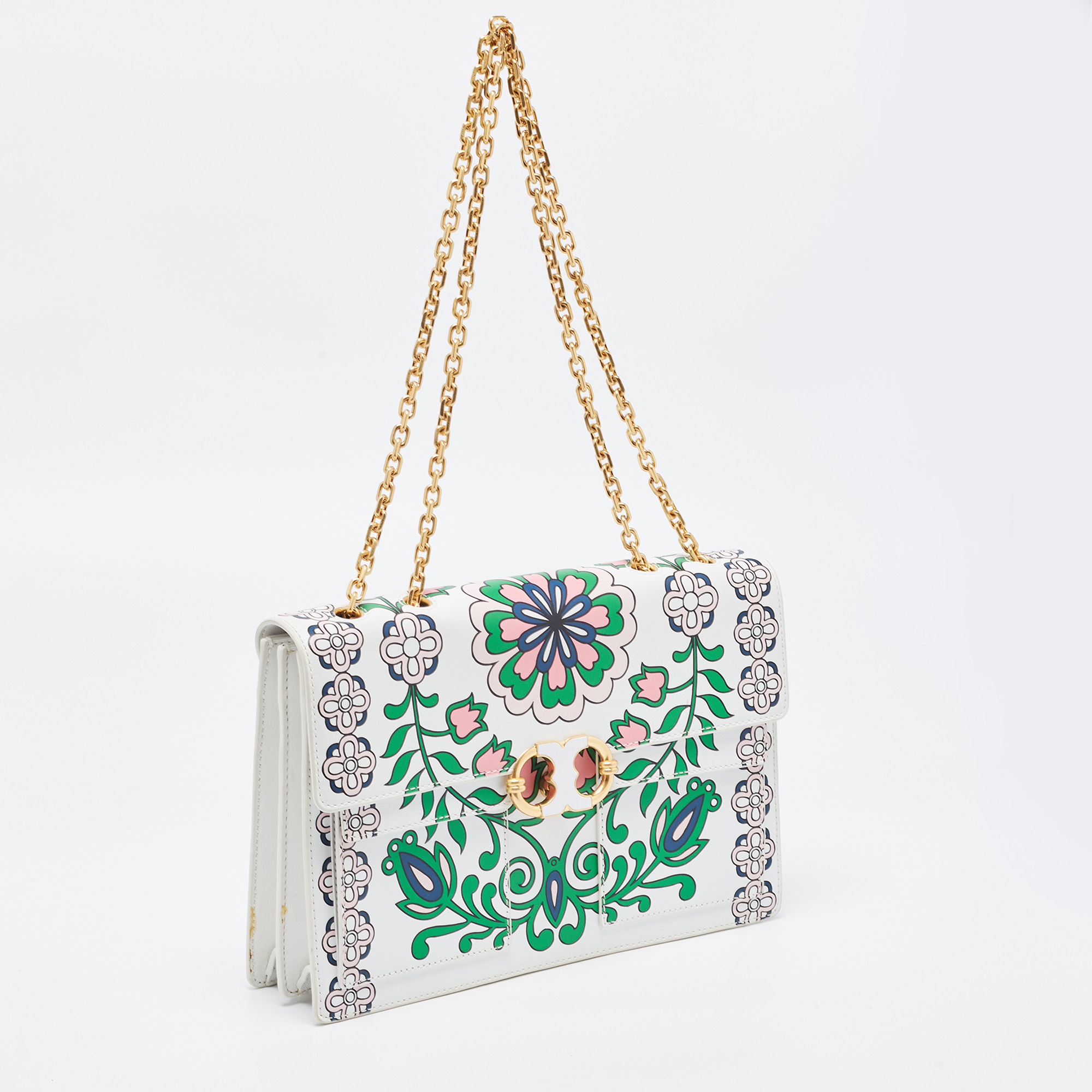 Tory Burch White Floral Print Leather Parker Chain Shoulder Bag